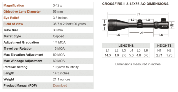 CF2-31049 Vortex Optics Crossfire II 3-12X56 AO HOG Hunter Riflescope (MOA) 6