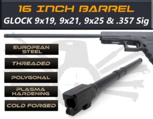 Glock Gen 5 Long Barrels 16" Made By IGB Austria - Match Grade Polygonal 16" Threaded Barrel For 9x19, 9x21, 9x25 And .357 Sig Caliber