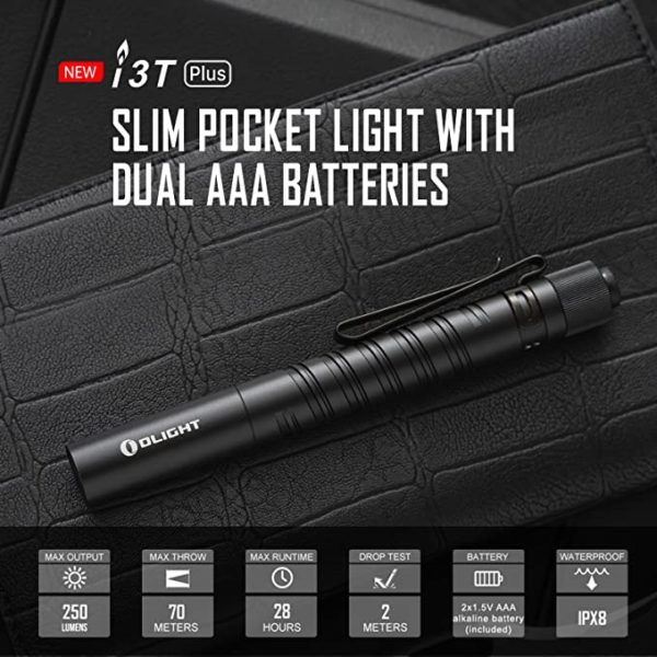Olight I3T Plus 250 Lumens EDC Pocket Slim Flashlight with 2xAAA Batteries and a PMMA Optic Lens 2